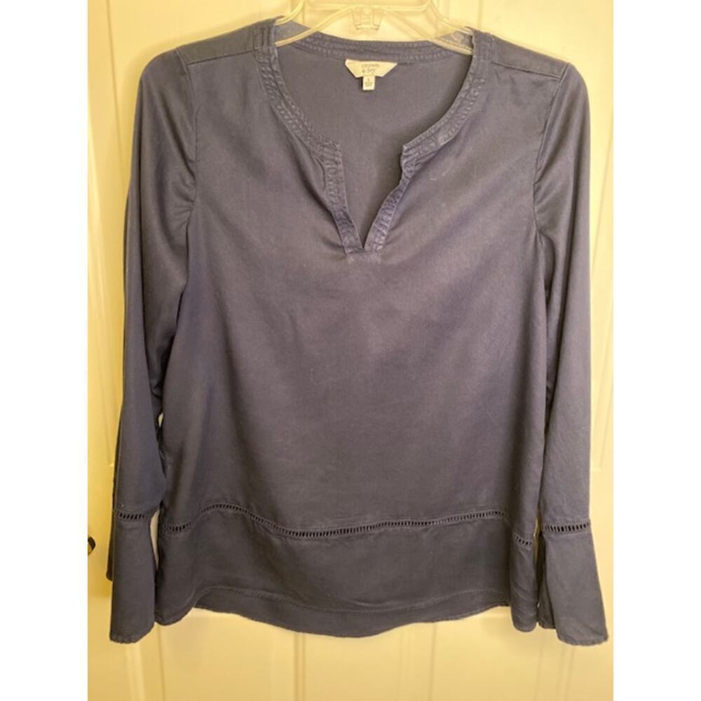Crown & Ivy Top Womens Small Navy Pullover Blouse Split Neck Flutter Sleeve